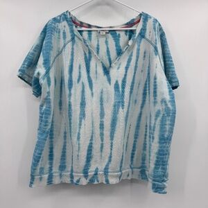 Sundance Top Women XXL Blue Tie Dye Short Sleeve Sweatshirt V Neck Terrycloth